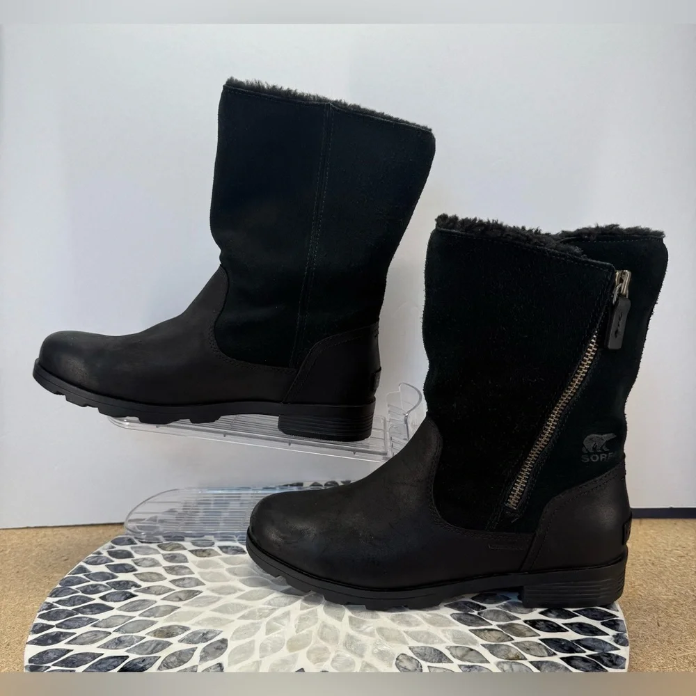Sorel Emilie Foldover Women's Black shearling  Winter snow Boots 9 - Picture 4 of 16
